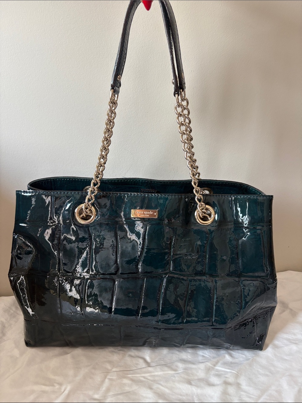 Kate Spade Patent Croc-Embossed Tote in Deep Teal with Gold Chain Handles